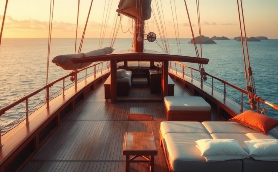 Teak main deck and wooden masts of a luxury phinisi sailing yacht at golden hour near Komodo