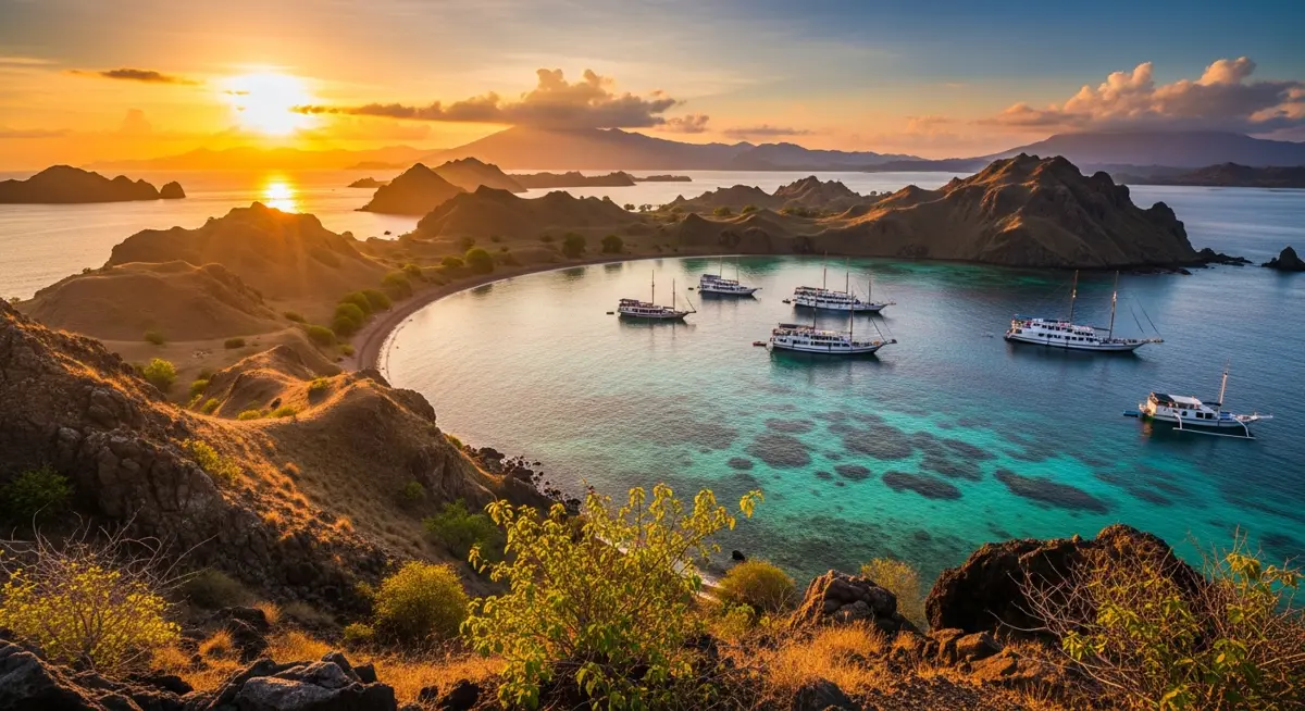 Luxury Phinisi Boat in Komodo — a dramatic island viewpoint over turquoise bays at golden