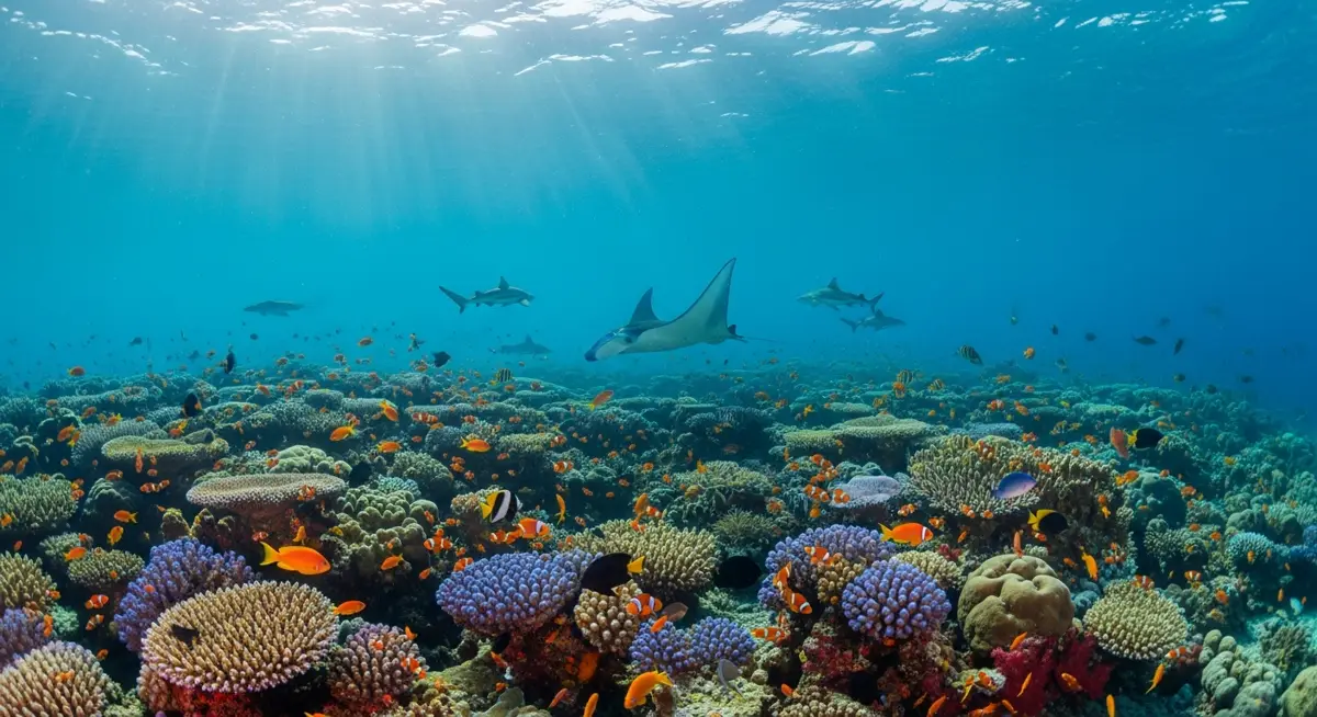 Luxury Phinisi Boat in Komodo — a vibrant coral reef and marine life in clear blue water